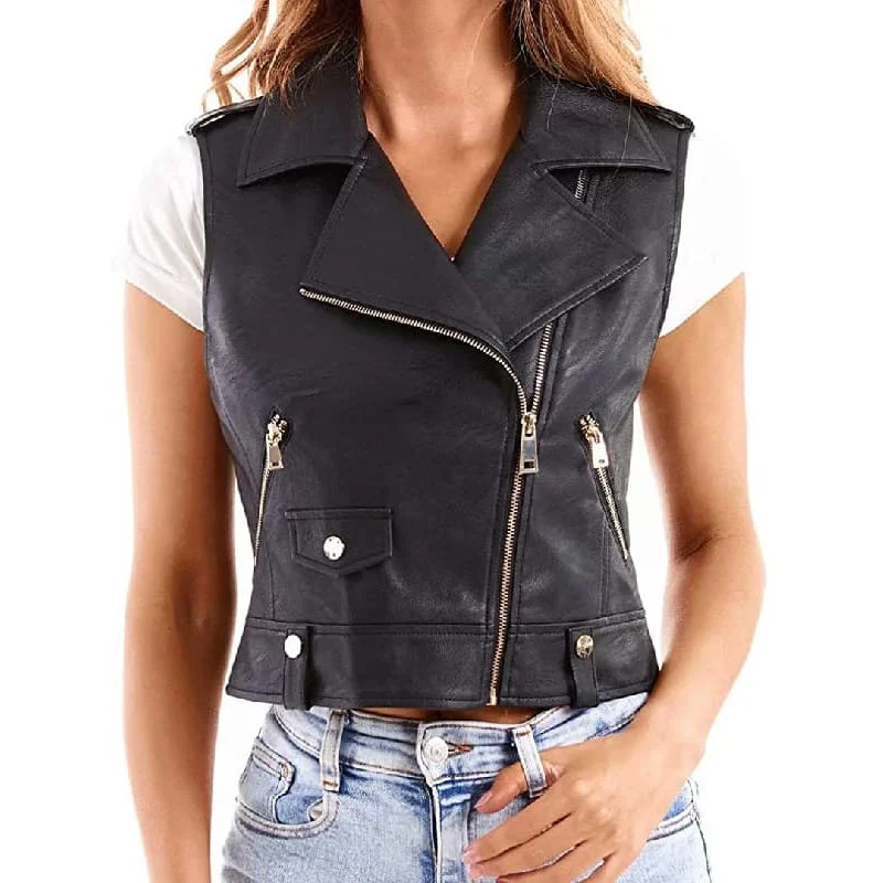 Women Sleeveless Leather Vest Hooded Long Vest