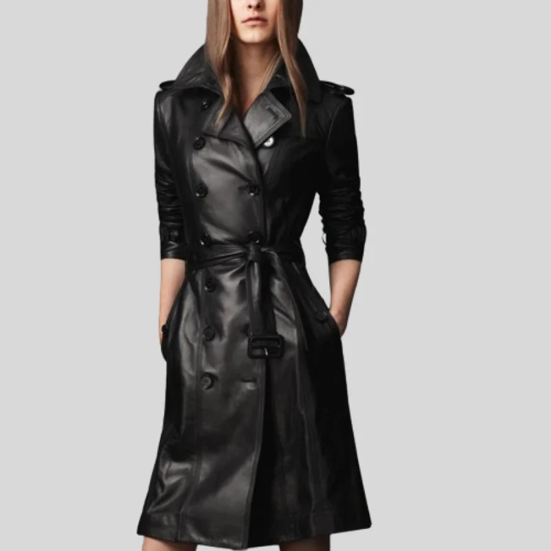 Women Slim Fit Black Double Breasted Trench Leather Coat Classic Khaki Trench Coat