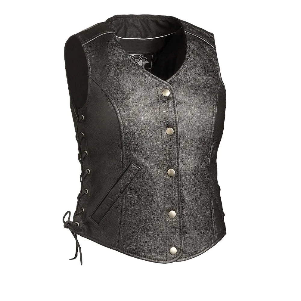 Womens Black Button Front Leather Vest Soft Ribbed Vest