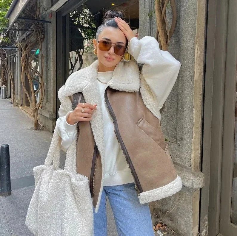 Women's Handmade Shearling Aviator Bomber Leather Vest Thick Thermal Vest