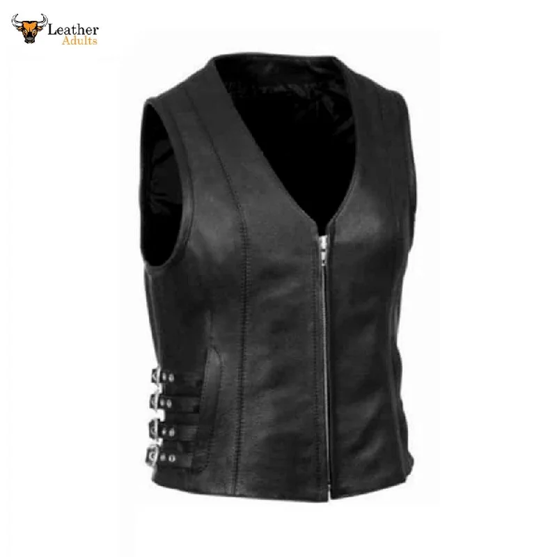 Ladies Soft Black Lambskin Leather Bikers 4 Side waist buckles Waistcoat Vest W7 Classic Zip-Up Waistcoat Ladies Soft Black Lambskin Leather Bikers 4 Side waist buckles Waistcoat Vest W7 Classic Zip-Up Waistcoat