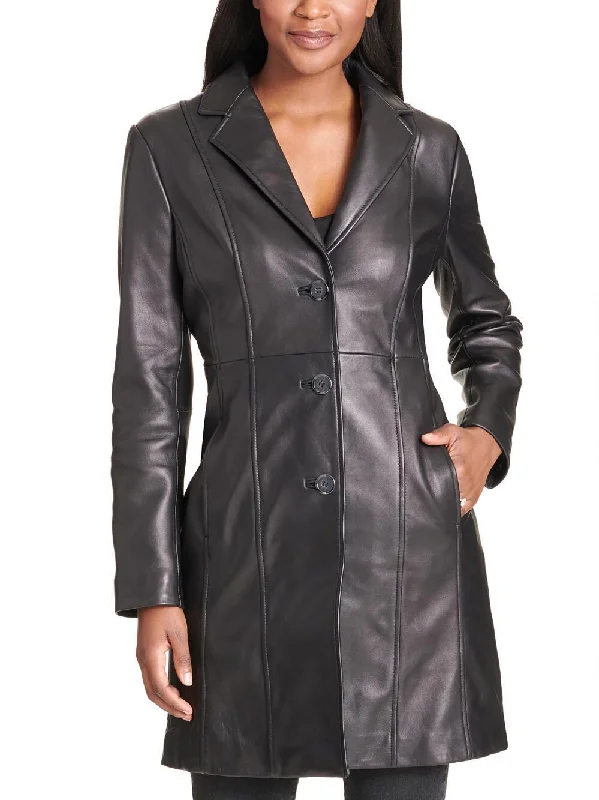 Women's Notch Collar Button Down Lamb Trench Trendy Double-Breasted Trench