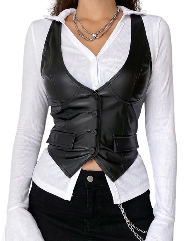 Perle Black Leather Vest Warm Wool-Blend Vest