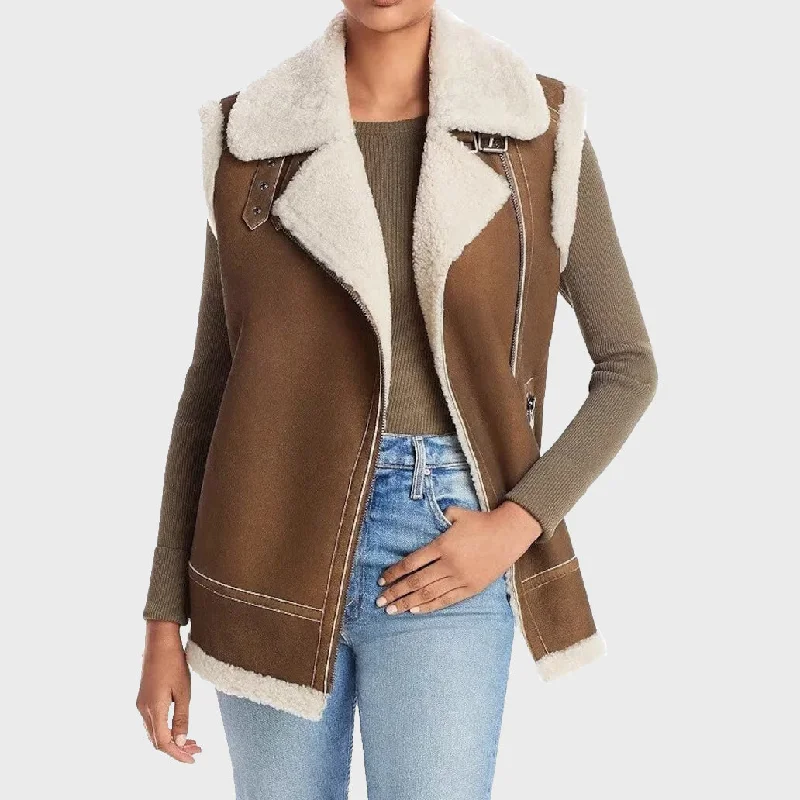 Women's Vintage Brown Shearling Fur Vest Coat - B3 Bomber Style Tailored Business Vest