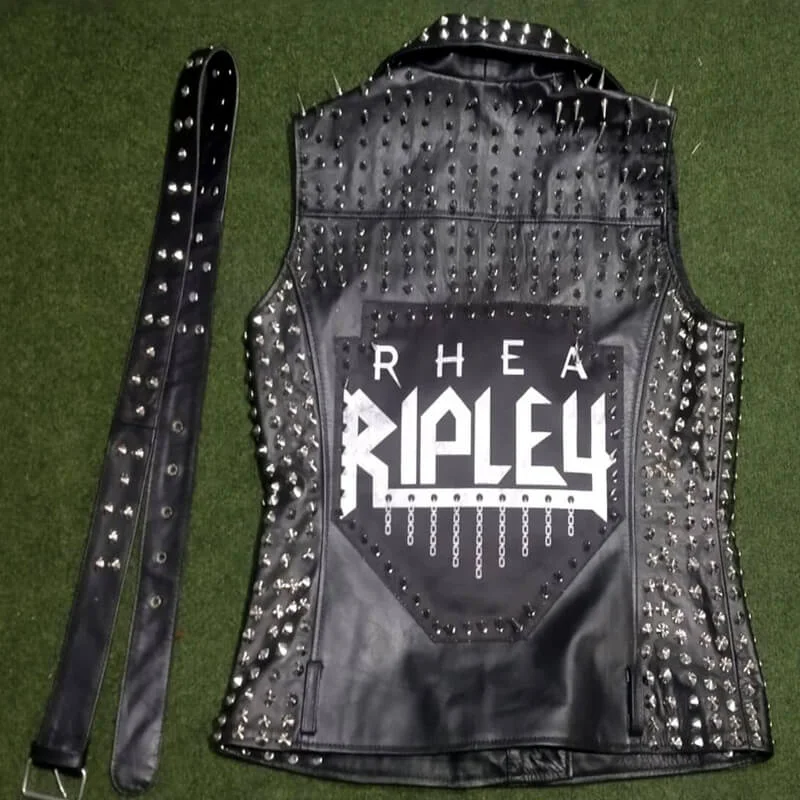WWE Rhea Ripley Studded Leather Vest Sporty Zip Vest