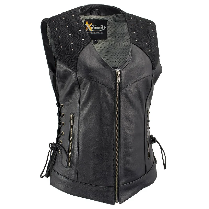Xelement XS24001 Women's ‘Winged’ Black Studded Motorcycle Rider Leather Vest with Reflective Wings Soft Brushed Vest Xelement XS24001 Women's ‘Winged’ Black Studded Motorcycle Rider Leather Vest with Reflective Wings Soft Brushed Vest