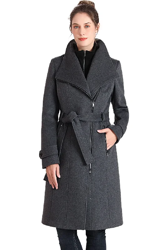 BGSD Women Mel Wool Belted Wrap Trench Coat with Removable Bib Comfortable Long Wool Trench