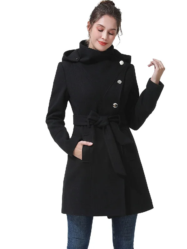 BGSD Women Bel Hooded Wool Trench Coat Classic Double-Breasted Wool Trench