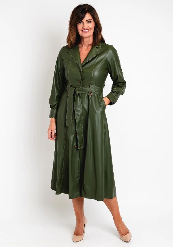 Camelot PU Trench Style Midi Dress, Deep Khaki Stylish Faux-Fur Trench Coat
