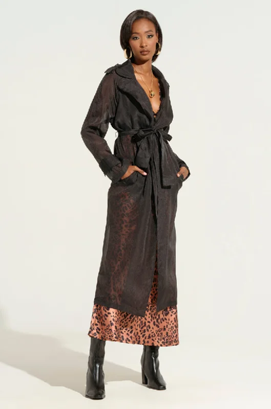 CHIFFON CHATEAU LONG TRENCH IN BLACK Elegant Trench Coat for Fall
