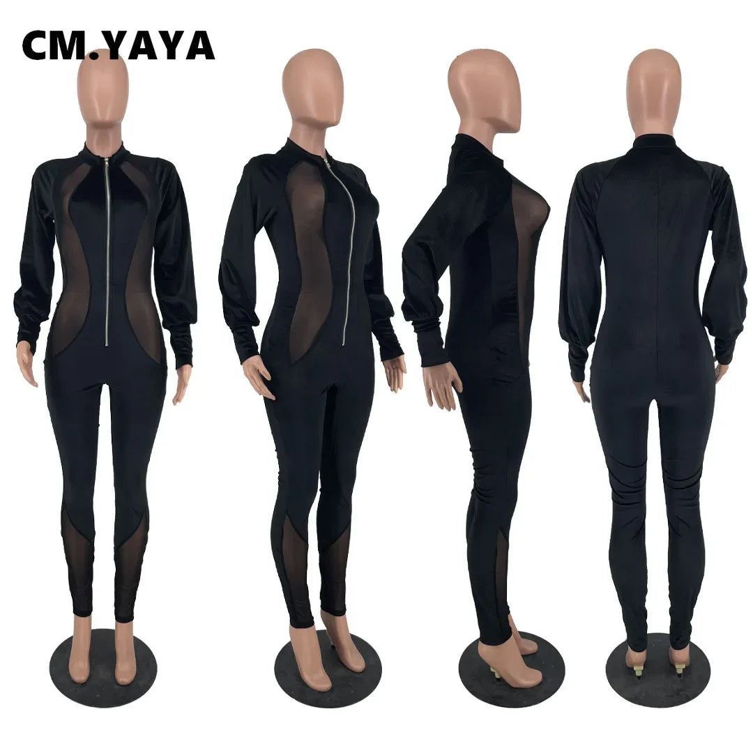 CM.YAYA Velvet Mesh Patchwork Women Zipper Fly Moto Biker Jumpsuit Elegant Long Sleeve Romper Spring Winter One Piece Overalls Draped Wide-Leg Jumpsuit CM.YAYA Velvet Mesh Patchwork Women Zipper Fly Moto Biker Jumpsuit Elegant Long Sleeve Romper Spring Winter One Piece Overalls Draped Wide-Leg Jumpsuit