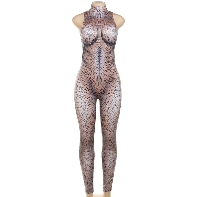 Digital Print Sexy Sleeveless Women Jumpsuit 2024 Spring New Fashion Stand Collar Slim Fit Bodycon Overalls Streetwear Chic Belted Romper Digital Print Sexy Sleeveless Women Jumpsuit 2024 Spring New Fashion Stand Collar Slim Fit Bodycon Overalls Streetwear Chic Belted Romper