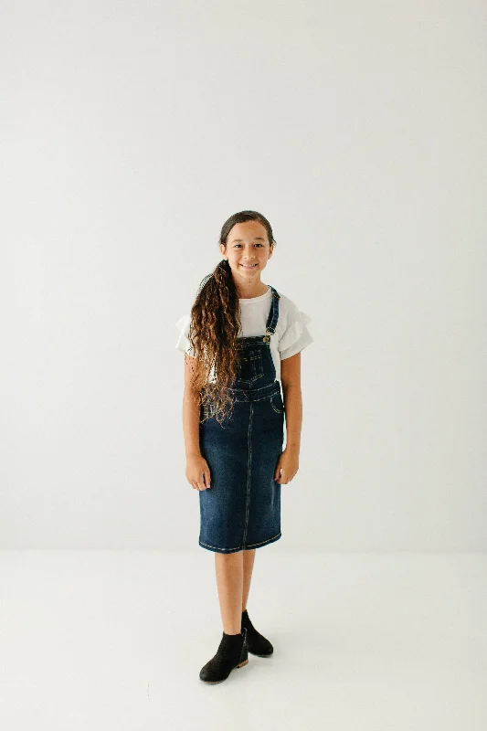 'Emerson' Girl Denim Skirt Overalls in Dark Wash Cozy Thermal Overalls