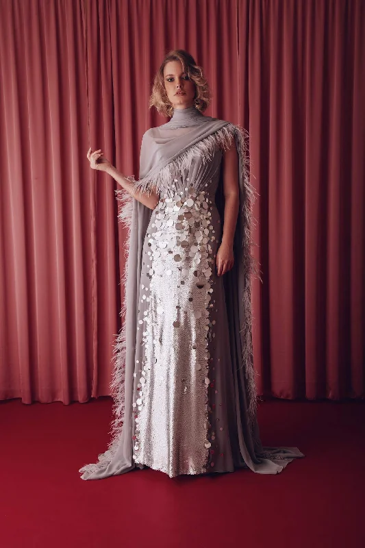 Fully sequined A line dress featuring cape style shawl Warm Wool Shawl Cape