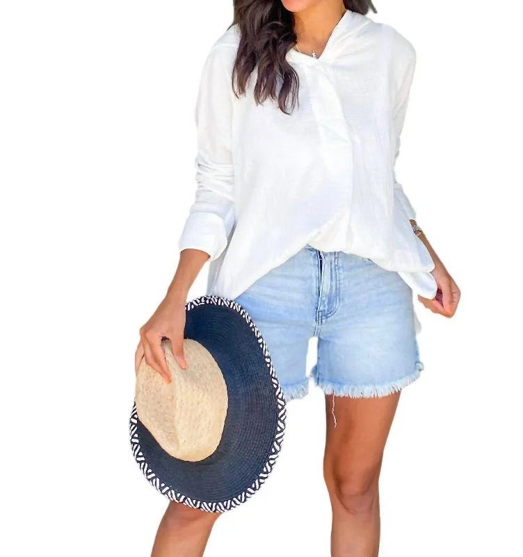 Gauze Hooded Top In Off White Hoodie with Cropped Fit Short Trendy