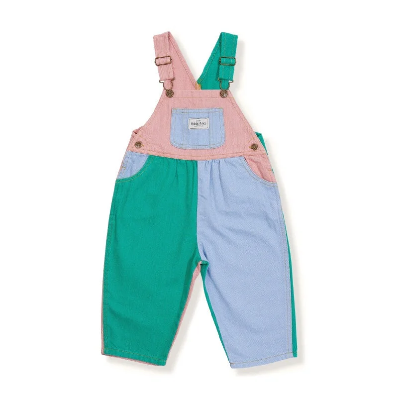 Goldie And Ace Austin Colour Block Overalls - Denim/Green Ruffled Shoulder Overalls