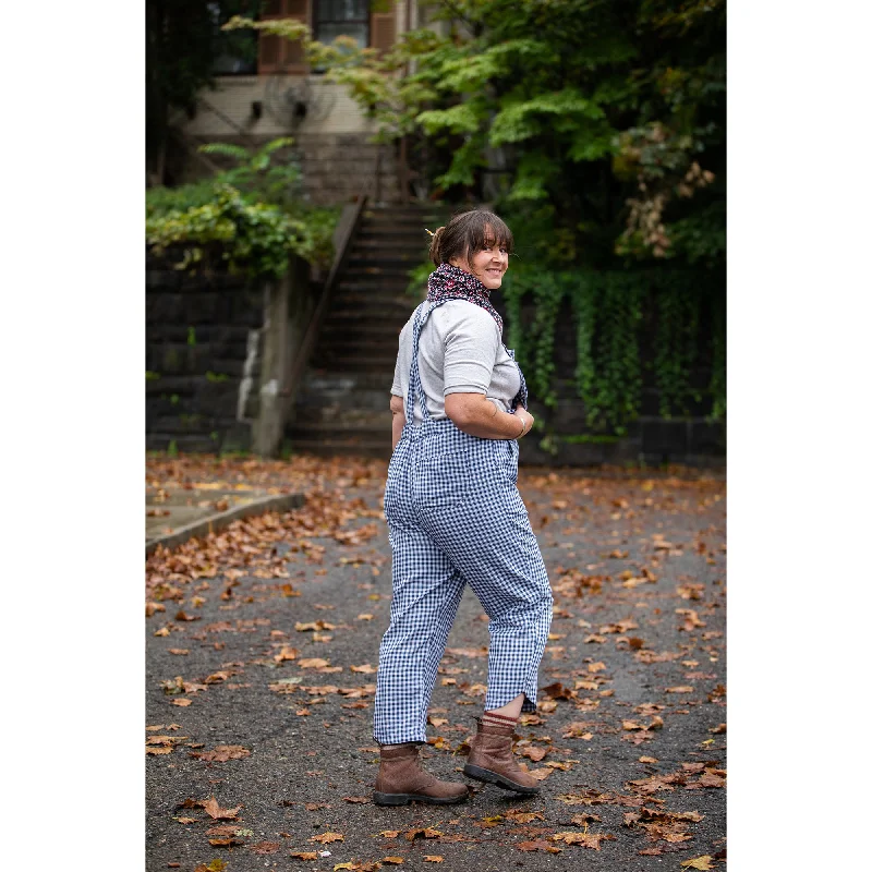 Nikki Overalls in Organic Cotton Double Gauze Blue and White Gingham Playful Floral Overalls