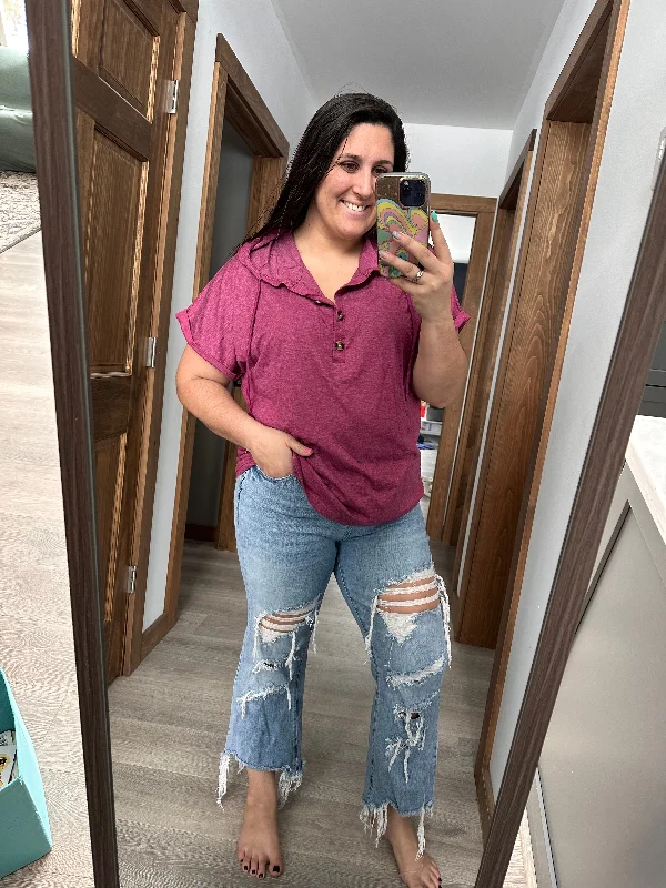 Hooded Button Short Sleeve Top Hoodie with Gradient Ombre Colorful