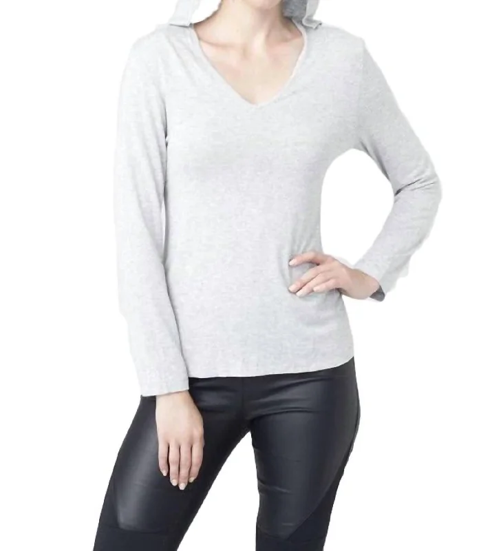 Hooded V-Neck Top In Gray Hoodie with Set-In Sleeves Structured Classic