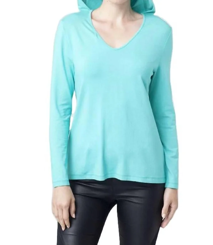 Hooded V-Neck Top In Mint Hoodie with Longline Fit Extended Stylish
