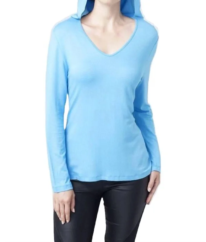 Hooded V-Neck Top In Turquoise Hoodie with Raglan Sleeves Sporty Comfortable