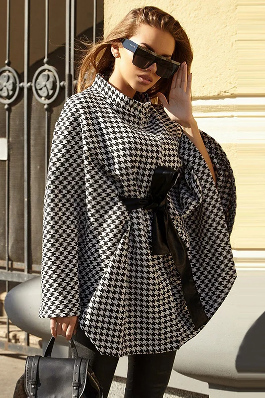 Houndstooth Tie Waist Trench Coat Chic Loose Fit Trench