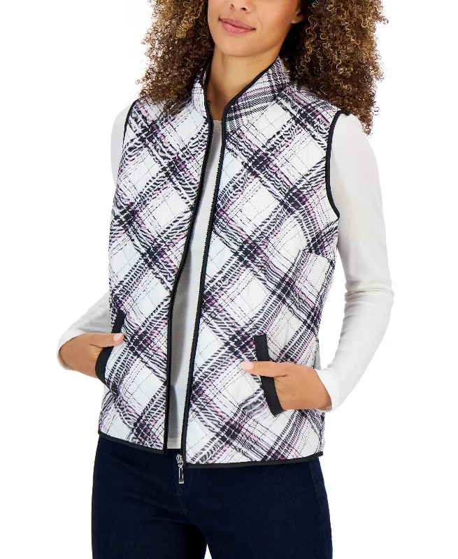 Karen Scott Womens Plaid Sleeveless Puffer Vest Stylish Streetwear Vest