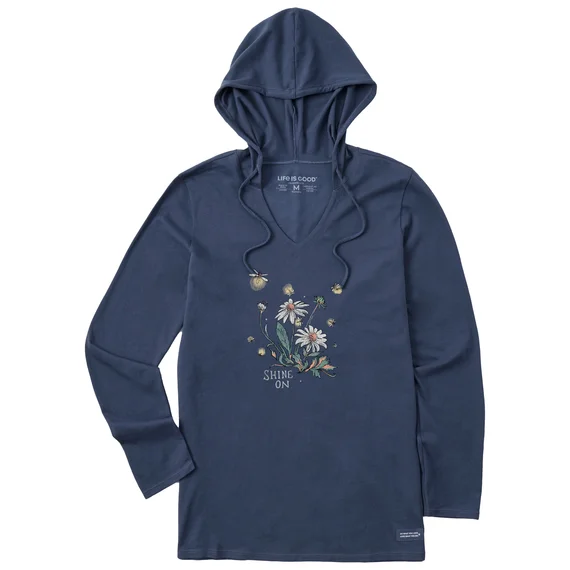 Women's Dreamy Shine On Daisies Long-Sleeve Crusher-LITE Hooded Tee - Darkest Blue Hoodie with Frayed Bohemian Relaxed Women's Dreamy Shine On Daisies Long-Sleeve Crusher-LITE Hooded Tee - Darkest Blue Hoodie with Frayed Bohemian Relaxed