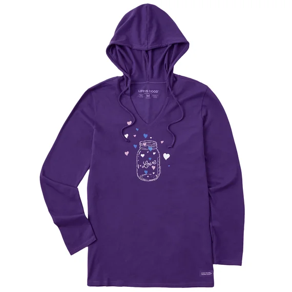Life is Good. Women's Jar of Hearts Long Sleeve Crusher-LITE Hooded Tee, Deep Purple Hoodie with High Neck Warm Protective Life is Good. Women's Jar of Hearts Long Sleeve Crusher-LITE Hooded Tee, Deep Purple Hoodie with High Neck Warm Protective
