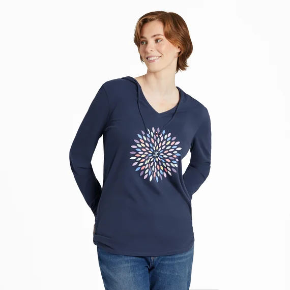 Life is Good. Women's Pretty Flower Burst Long Sleeve Crusher-LITE Hooded Tee, Darkest Blue Hoodie with Turtle Neck Cozy Winter Life is Good. Women's Pretty Flower Burst Long Sleeve Crusher-LITE Hooded Tee, Darkest Blue Hoodie with Turtle Neck Cozy Winter