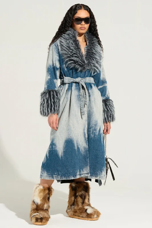 LIV FUR TRIM DENIM TRENCH Stylish Faux Leather Trench