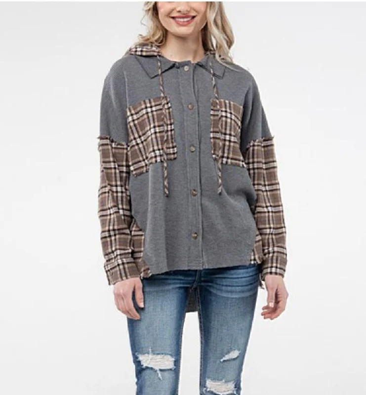 Miss Me Women's Waffle Knit Button Down Hooded Grey & Plaid Top MJ0366L Hoodie with Distressed Vintage Worn Miss Me Women's Waffle Knit Button Down Hooded Grey & Plaid Top MJ0366L Hoodie with Distressed Vintage Worn