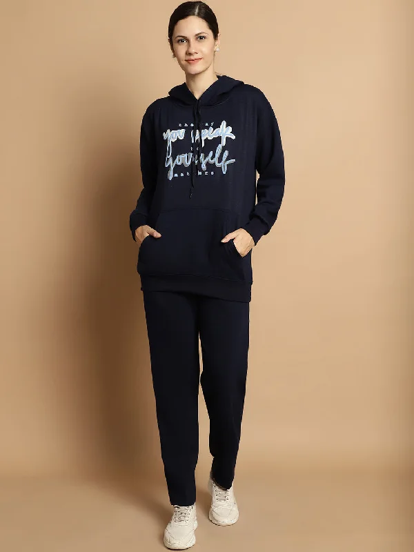 Vimal Jonney Navy Blue Printed Hooded Cotton Fleece Tracksuit for Women(Kangaroo Pockets) Hoodie with Color Block Contrast Stylish Vimal Jonney Navy Blue Printed Hooded Cotton Fleece Tracksuit for Women(Kangaroo Pockets) Hoodie with Color Block Contrast Stylish