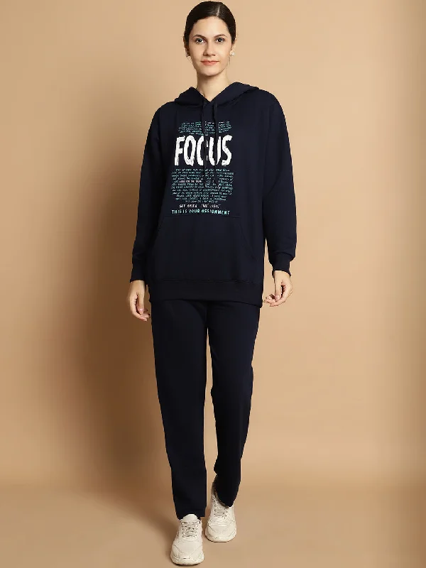 Vimal Jonney Navy Blue Printed Hooded Cotton Fleece Tracksuit for Women(Kangaroo Pockets) Hoodie with Illustration Artistic Creative Vimal Jonney Navy Blue Printed Hooded Cotton Fleece Tracksuit for Women(Kangaroo Pockets) Hoodie with Illustration Artistic Creative