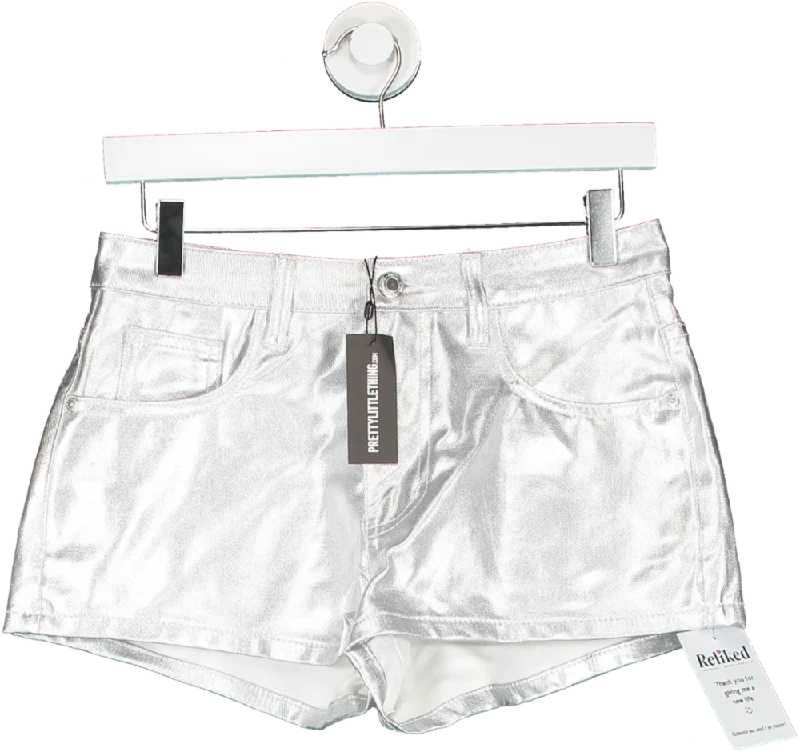 PrettyLittleThing Petite Silver Metallic Coated Denim Shorts UK 6 Faux Fur Real Fur Shearling
