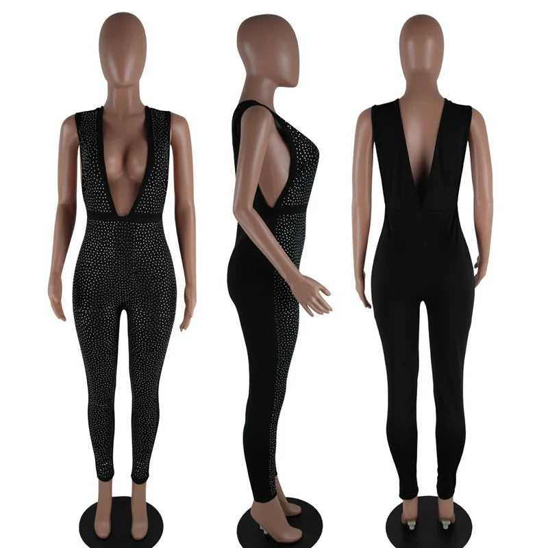 Sexy Deep V-neck Bodycon Jumpsuit for Women Rompers Rhinestone Backless Skinny Nightclub Party Sparkly Overalls Macacao Feminino Soft Modal Overalls Sexy Deep V-neck Bodycon Jumpsuit for Women Rompers Rhinestone Backless Skinny Nightclub Party Sparkly Overalls Macacao Feminino Soft Modal Overalls