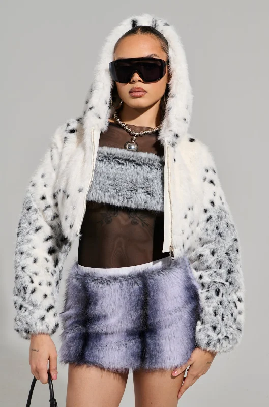 SNOW LEOPARD HOODED FUR BOMBER Hoodie with Relaxed Fit Easy Casual