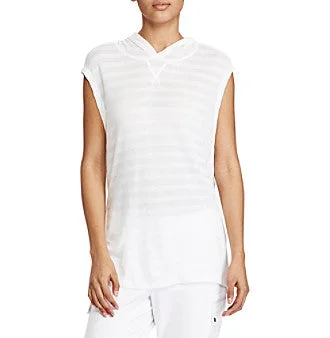 Striped Sheer Hooded Sleeveless Top Hoodie with Hem Lace Feminine Delicate