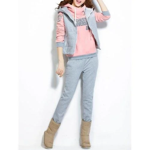 Hooded Graphic Color Block Three Piece Gym Suit - Shallow Pink M Hoodie with Print Artistic Unique