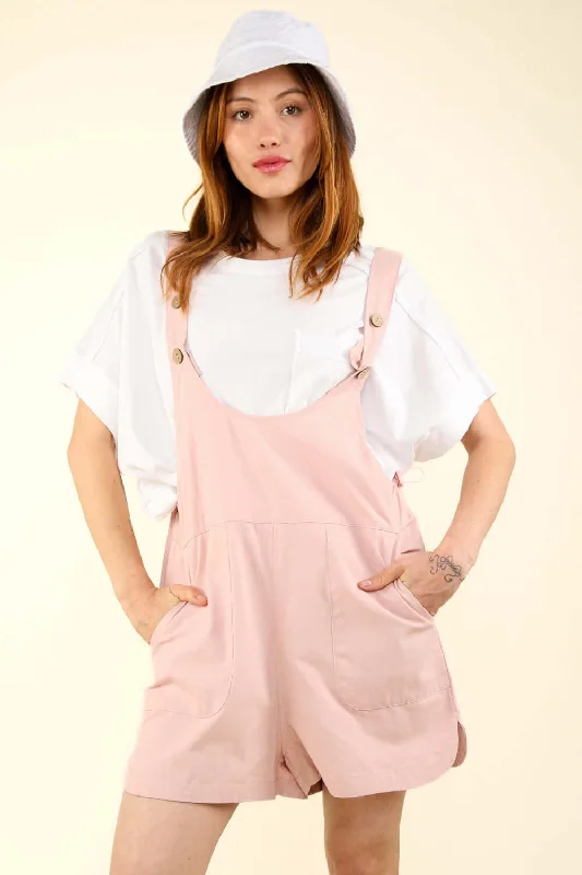 Pink Adjustable Waist Suspender Overalls with Pockets Casual Loose Jumpsuit