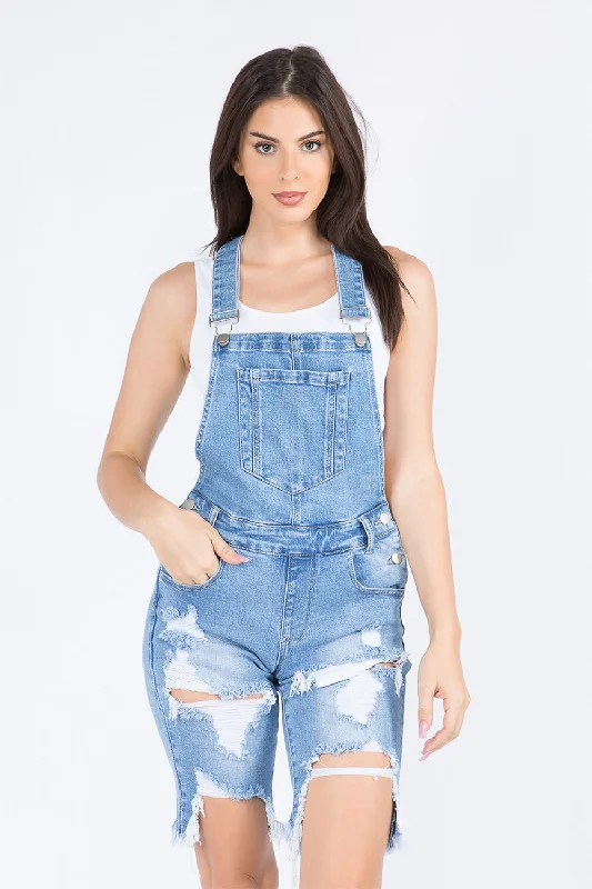 Women's Destroyed Denim Shorts Overalls Soft Terrycloth Romper