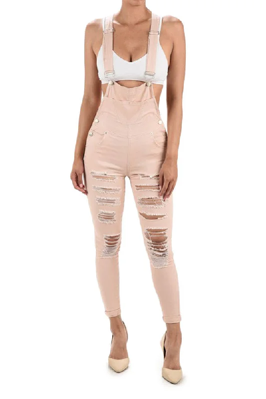 Women's Destroyed Skinny Overalls Trendy Tie-Waist Jumpsuit