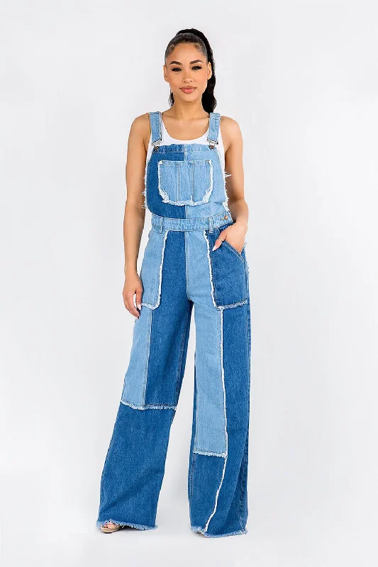 Women's Patchwork Wide Fit Edge Cut Denim Overalls One-Shoulder Elegant Jumpsuit
