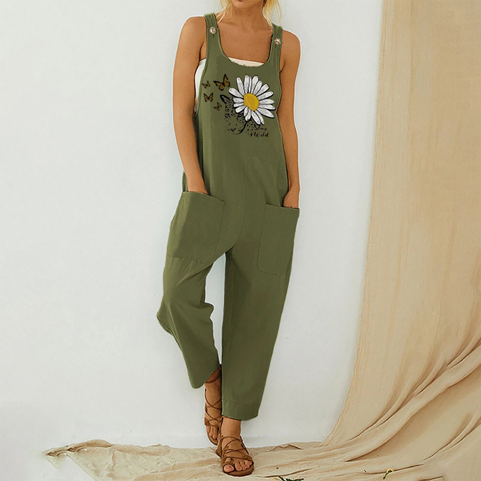 Women'S Vintage Loose Cotton Linen Jumpsuit Solid Color U Neck Sleeveless Pocket Overalls Pants with Pocket Bibs Plus Size S-XXL Button-Front Denim Overalls