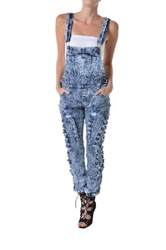Women's Washed Ripped Overalls Pastel Tone Jumpsuit