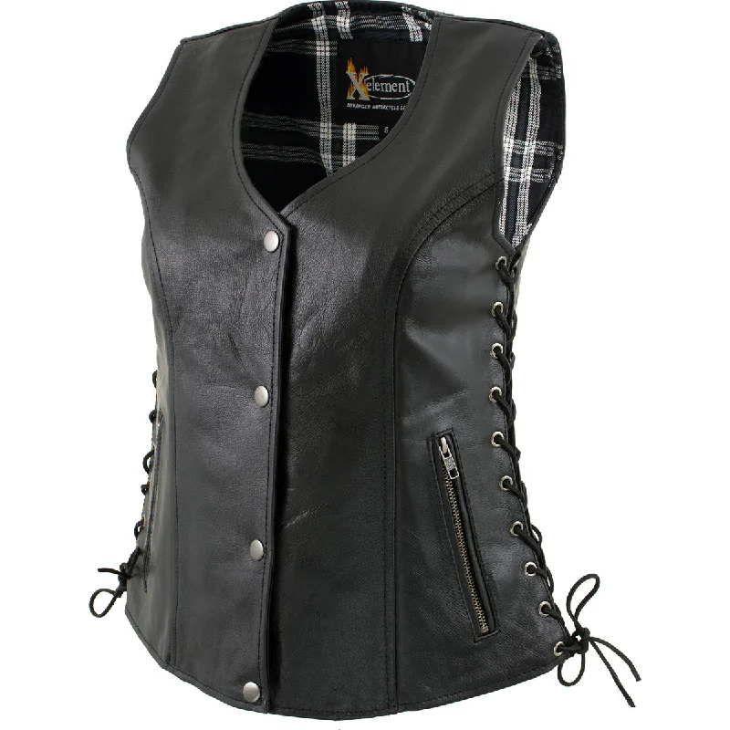 Xelement XS4505 Women's Black ‘Flannel’ Motorcycle Biker Rider Leather Vest with Snap Button Closure Hooded Sherpa Vest Xelement XS4505 Women's Black ‘Flannel’ Motorcycle Biker Rider Leather Vest with Snap Button Closure Hooded Sherpa Vest