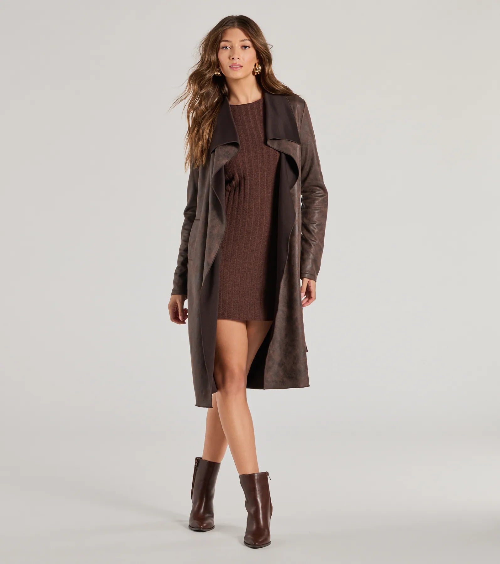 Chic Impression Faux Suede Belted Trench Coat Comfortable Wool Trench Jacket