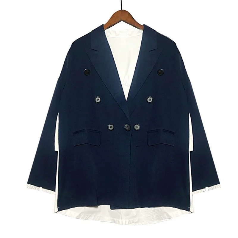 [EWQ] New Autumn 2022 Fashion Contrast Color Notched Long Sleeve Single Button Pocket Patchwork Asymmetry Coat Top Women QE352 Fleece Down Feather