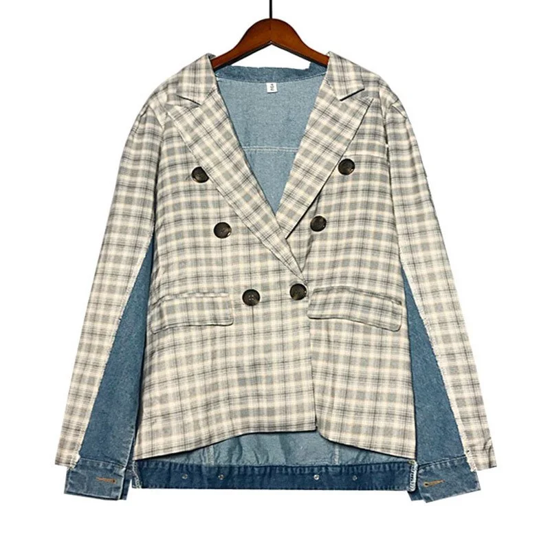 [EWQ] New autumn fashion Notched long sleeve double sleeve pocket plaid split joint denim iregular coat Tops women QE349 Cotton Linen Terry