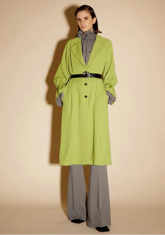 Birelin Long Belted Trench Coat, Matcha Trendy Double-Breasted Trench